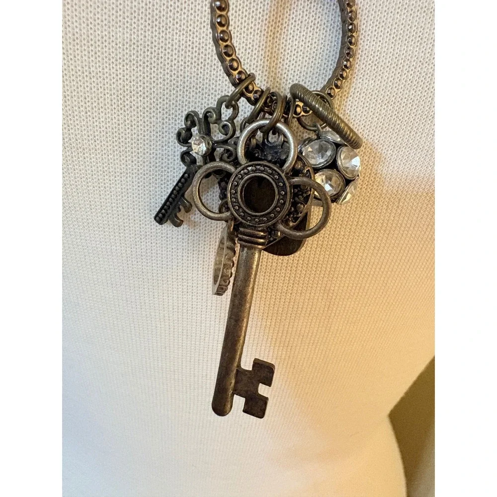Antique Brass Skeleton Key Cluster Necklace Crystal Heart Freedom Charm Long